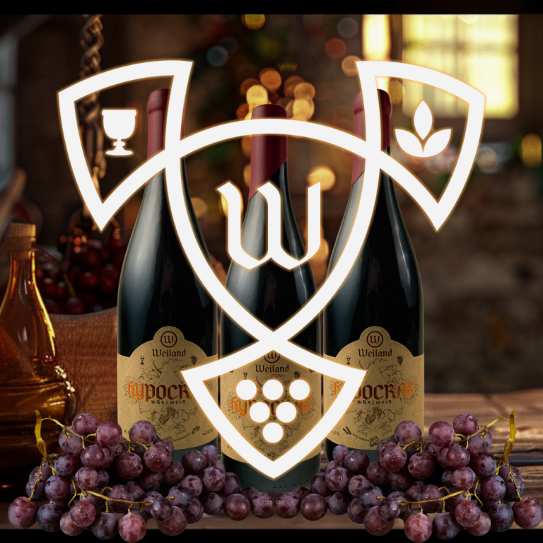 Mehrere Flaschen Weiland Hypocras Bio-Würzwein auf rustikalem Holztisch mit Weintrauben, im Vordergrund großes Weiland Logo