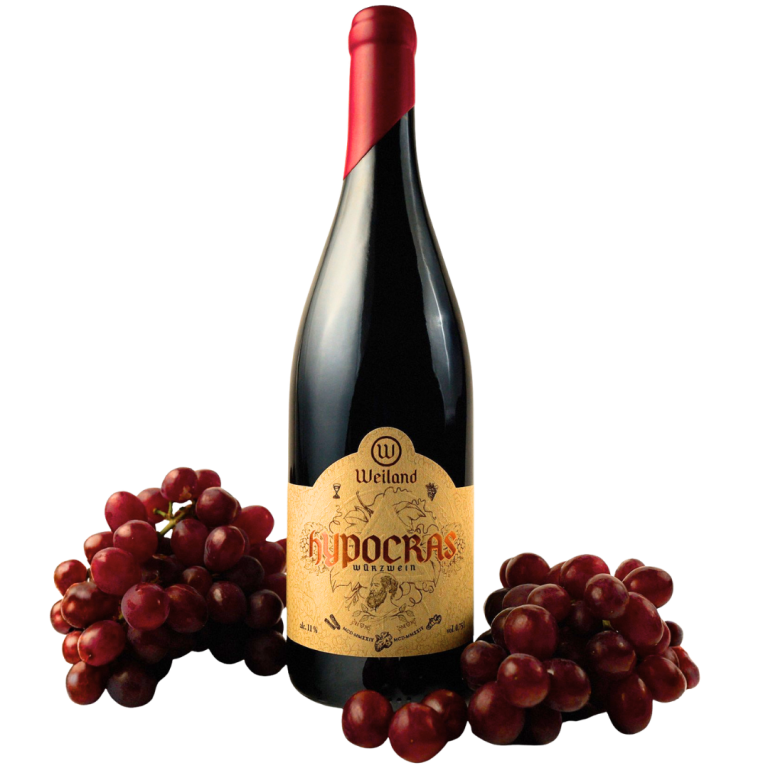 Flasche Weiland Hypocras Bio-Würzwein mit Weintrauben am Flaschenboden – hochwertiger mittelalterlicher Bio-Gewürzwein