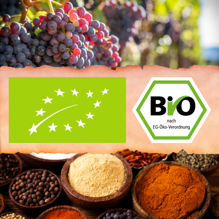 Bio-Weintrauben an der Rebe, hochwertige Bio-Gewürze in Holzschalen und Bio-Siegel – Zutatenbasis für den Weiland Hypocras
