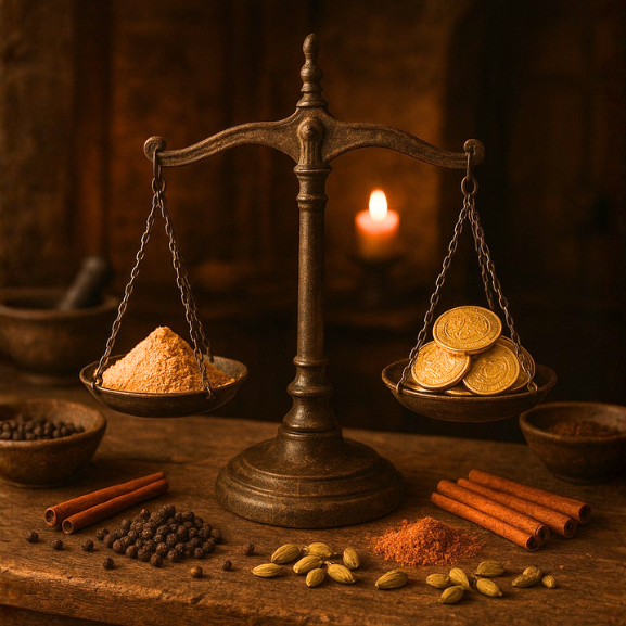 Mittelalterlicher Raum mit Waage auf Holztisch, auf der Gewürze mit Gold aufgewogen werden