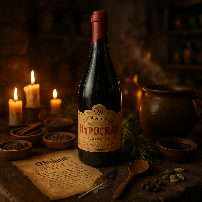 Weiland Hypocras Bio-Würzwein auf altem Holztisch in mittelalterlichem Raum mit Rezept und Utensilien für die Würzweinherstellung
