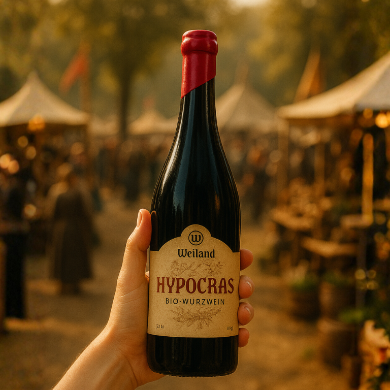 Person hält eine Flasche Weiland Hypocras Bio-Würzwein vor einem mittelalterlichen Markt – traditioneller Genuss im historischen Ambiente