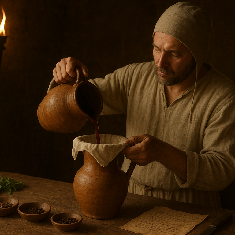 Hypocras Würzwein Darstellung eines Mannes, der im Mittelalter Hypocras herstellt – traditioneller Prozess des Gewürzweins